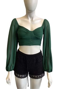 Green Ruched Crop Top Puff Sleeve Mesh Long Sleeve Sweetheart Neck Blouse Small